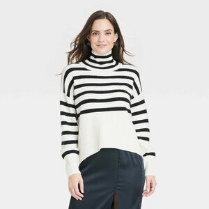 Small - Womens Striped Mock Turtleneck Pullover Sweater - A New Day - Cream